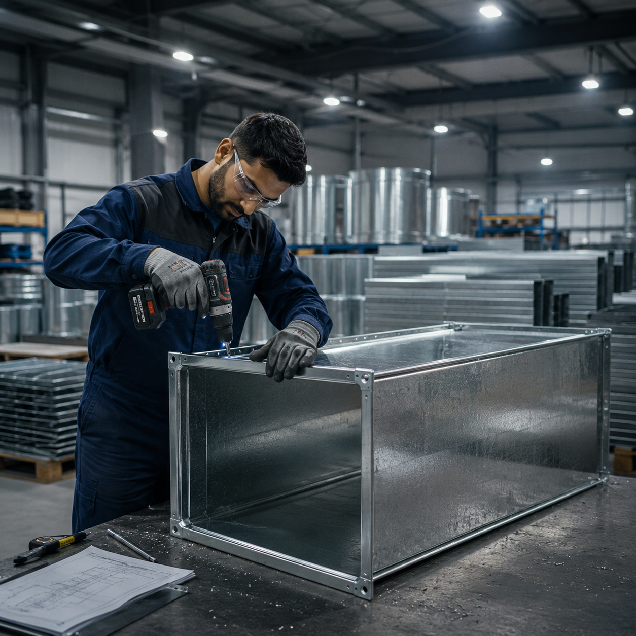 Duct manufacturing technician assembling galvanized ductwork